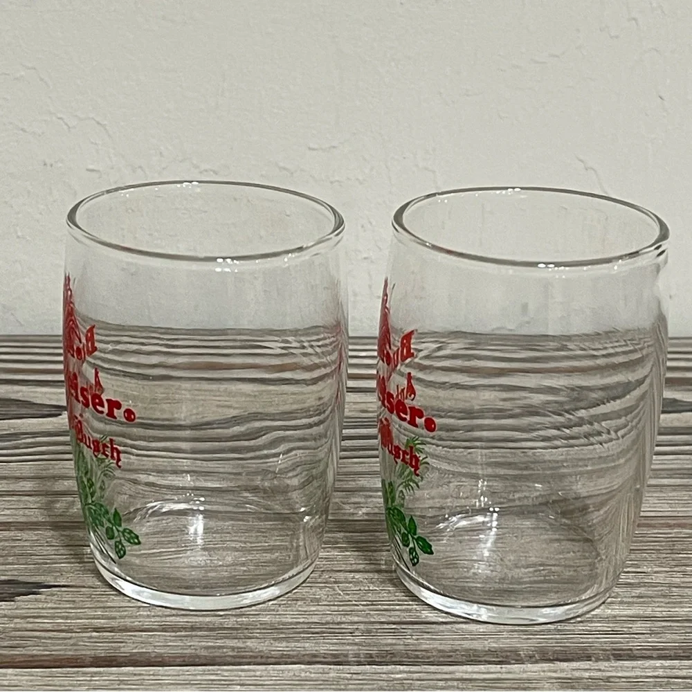 Budweiser Anheuser Busch Barrel Shaped Clear Glasses Set Red Eagle Logo 60s VTG